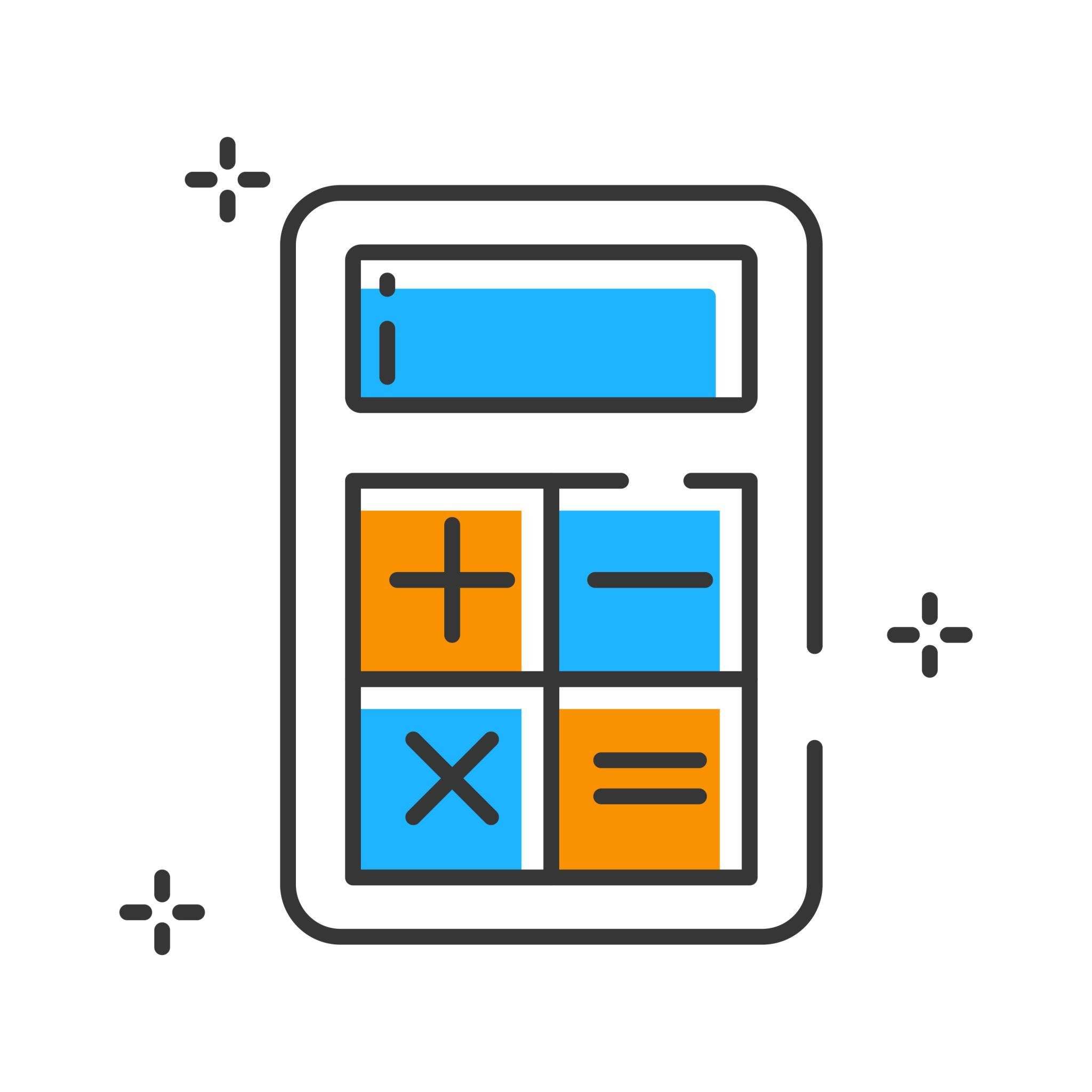 A digital icon of a calculator with a blue screen, orange and blue buttons, and a black outline.