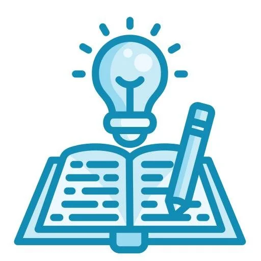 A line drawing of a book with text, a pencil, and a light bulb above it, symbolizing ideas and learning.