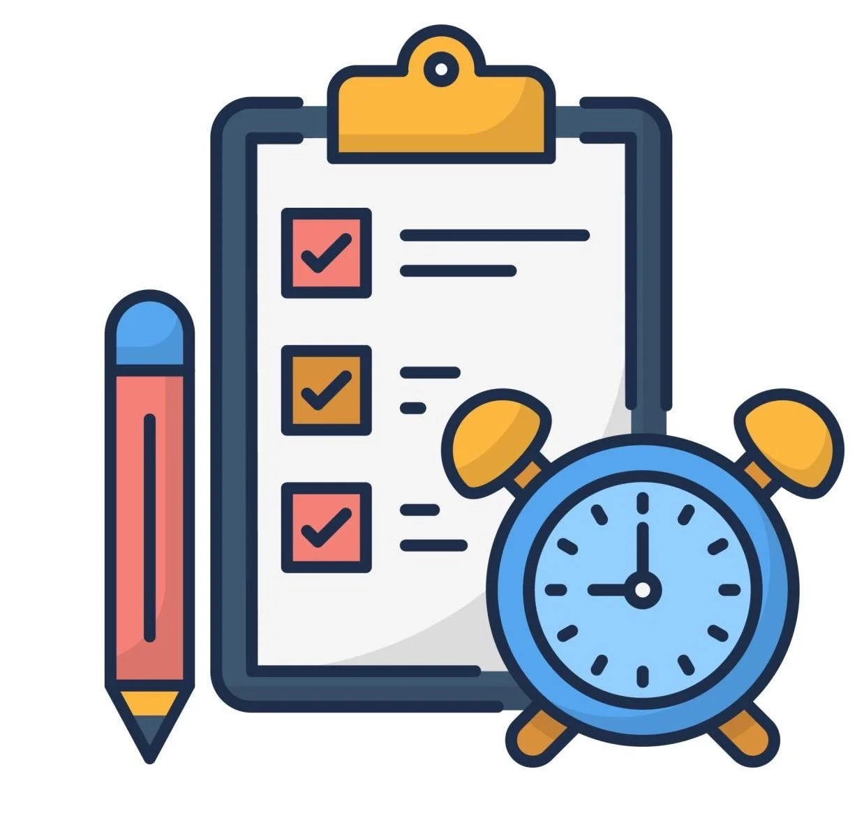 A clipboard with a checklist of three items, all checked, a pen on the left, and an alarm clock in front of the clipboard.