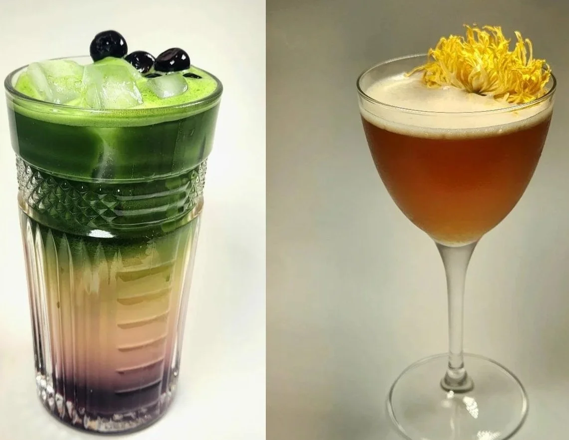 matcha blueberry lemonade and the bee's tease cocktail