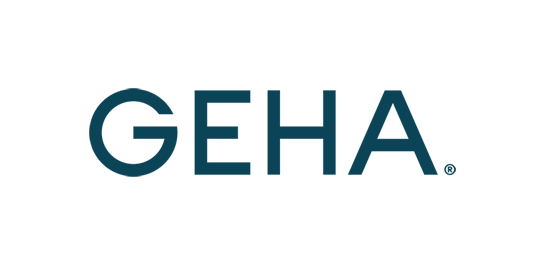 The logo of GEHA, a health insurance company, in blue text on a white background.