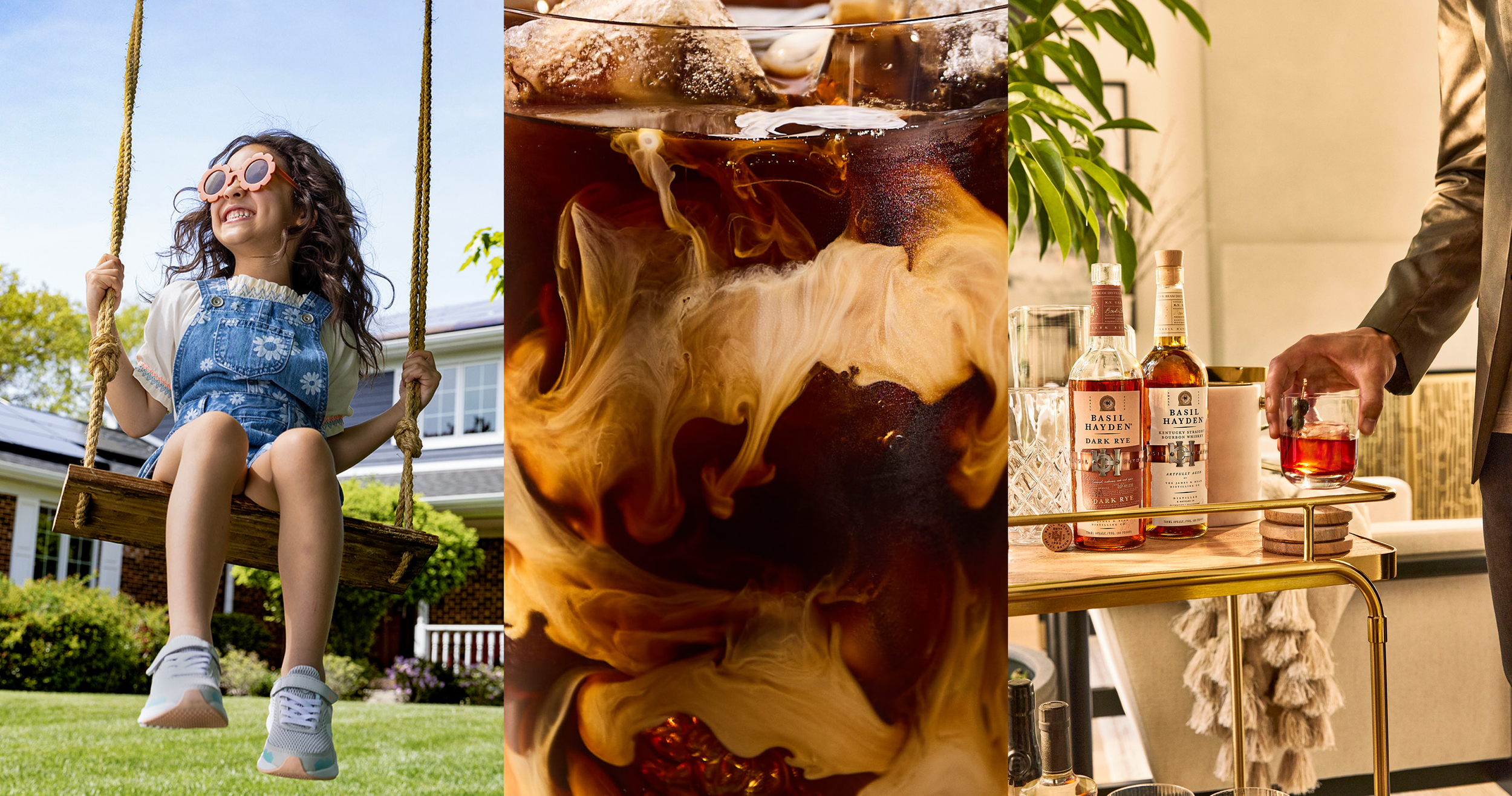 A girl with dark curly hair wearing sunglasses and denim overalls on a swing outside, a close-up of a drink with dark liquid swirling with cream, and a person serving whiskey from bottles on a tray in a well-lit room.