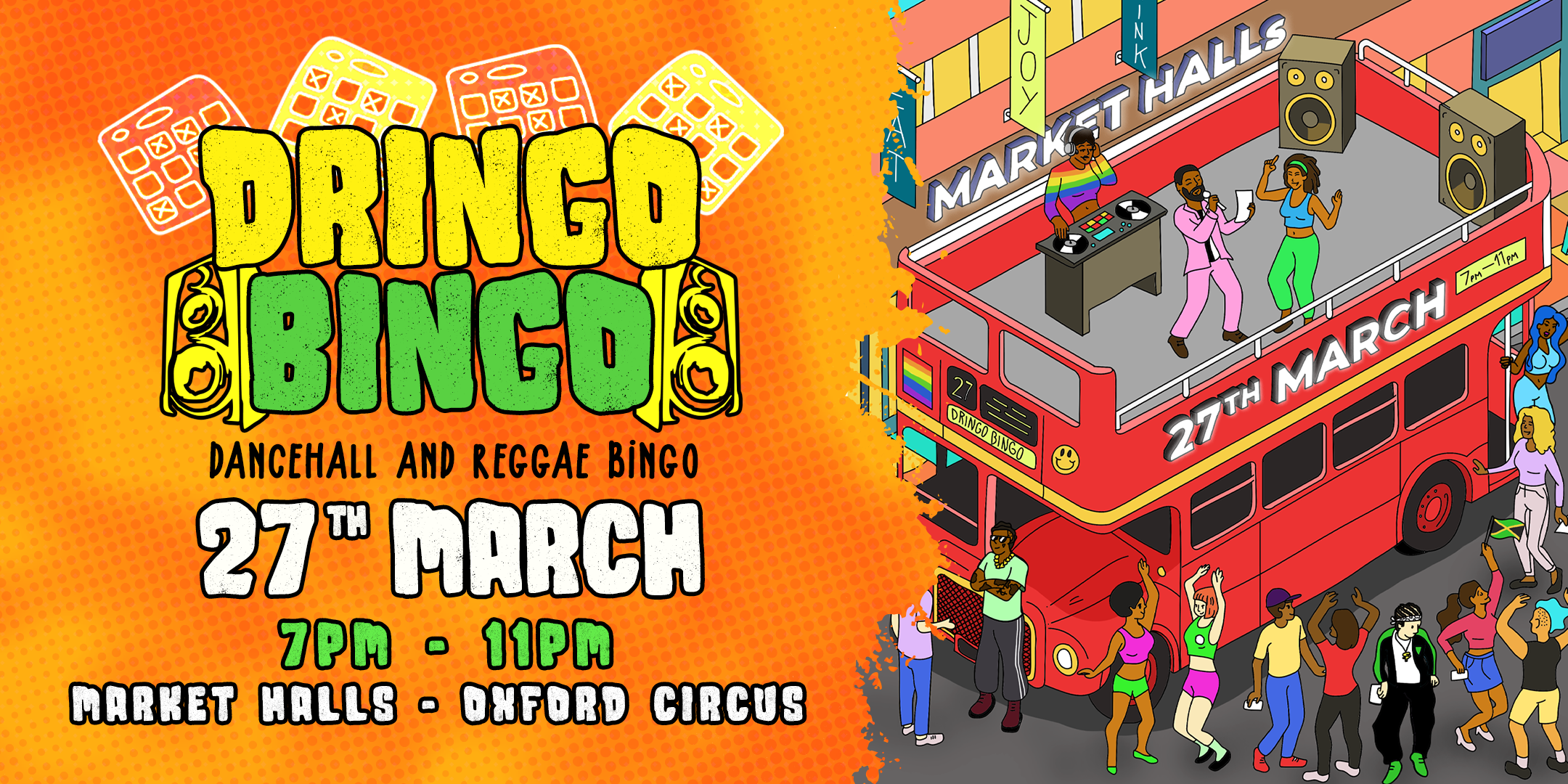 Colorful graphic promoting Dingo Bingo with large yellow and green text, illustrated bingo cards, and speakers on a red, starry background.