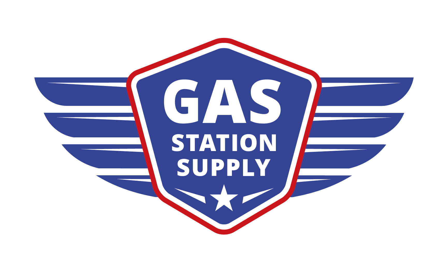 Graphic logo with a blue shield, white text that reads 'GAS STATION SUPPLY', and red and white outlines. Blue wings extend from each side of the shield.