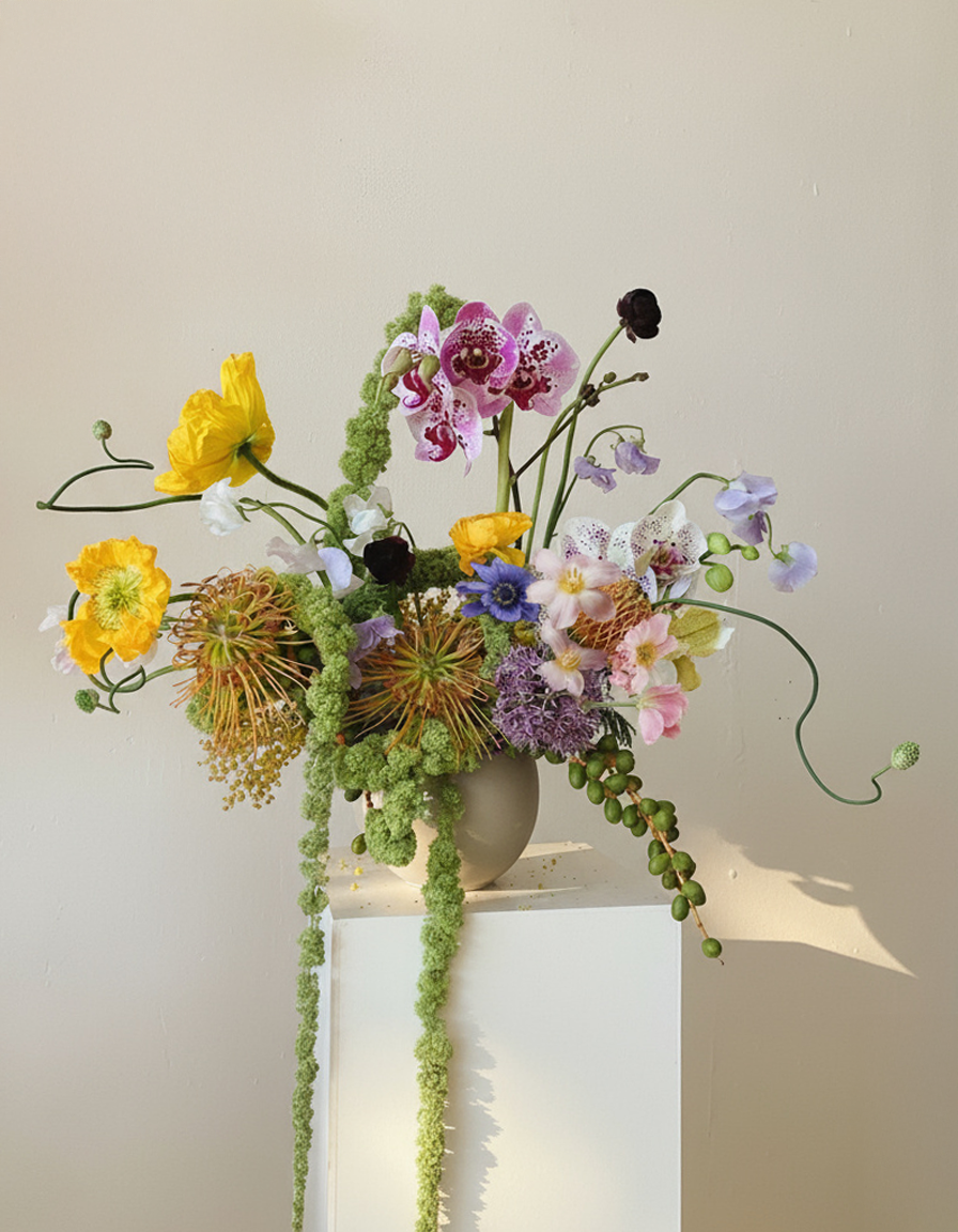 Colorful flower arrangement in a beige vase on a white pedestal against a plain wall, featuring orchids, poppies, and other mixed flowers.