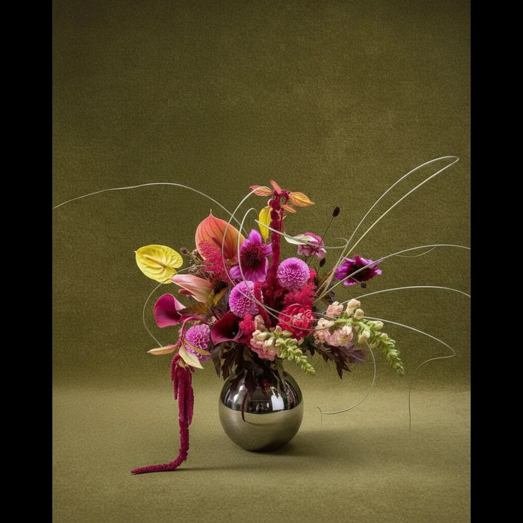 A modern floral arrangement with pink, purple, and yellow flowers in a reflective silver vase on an olive-green background.