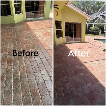 Before and after paver sealing on patio and walkway in Broward County, FL