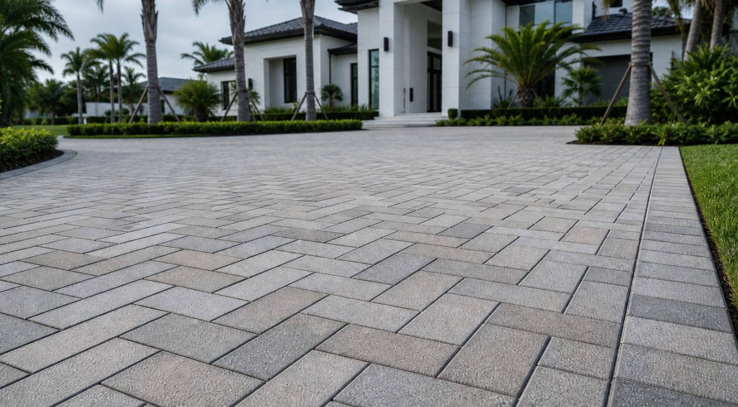 Freshly completed paver repair on a perfectly level luxury South Florida driveway with tight even joints and a clean soldier-course border.