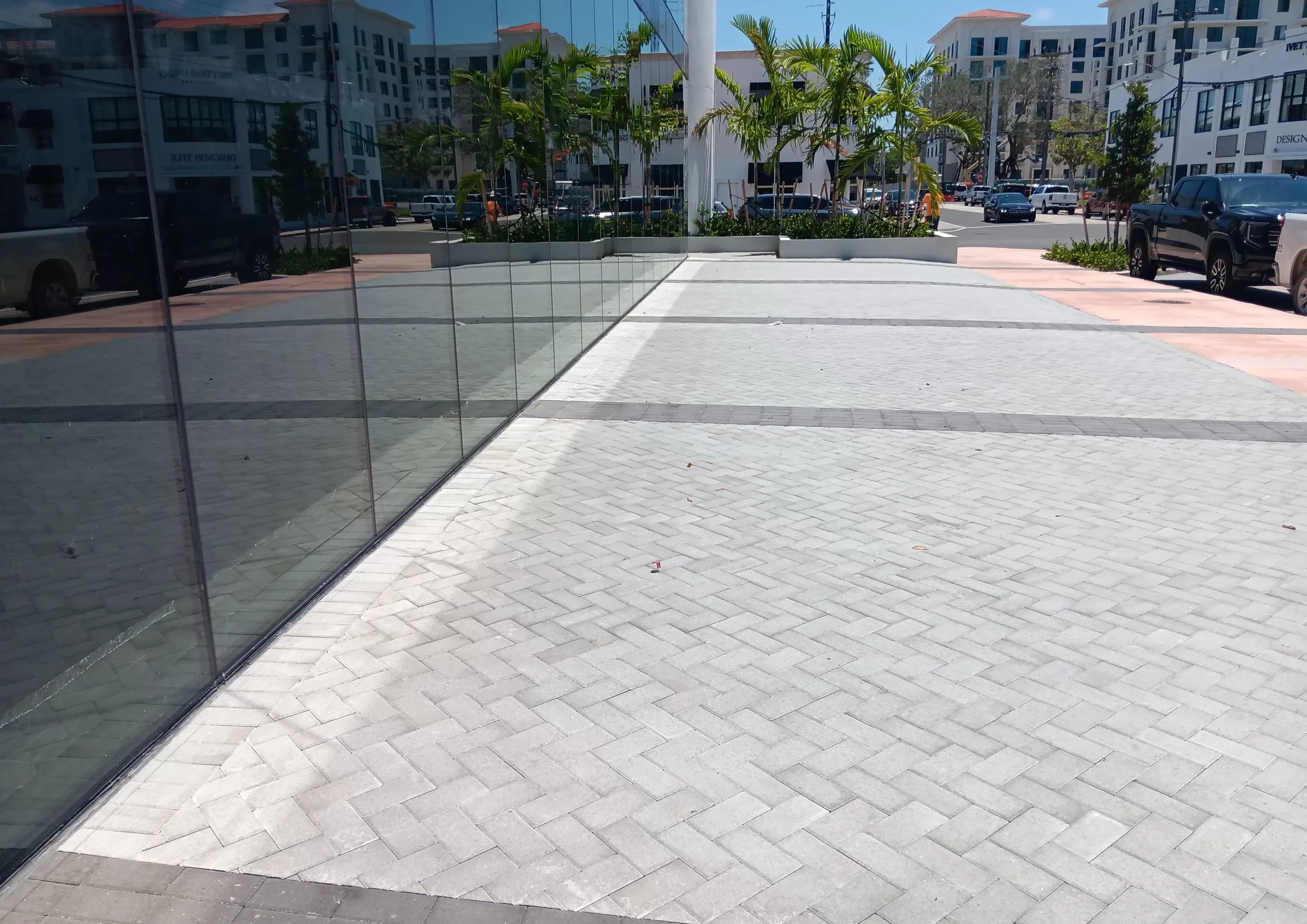 Street view with modern buildings, parked cars, palm trees, and a glass building reflection on a sunny day.