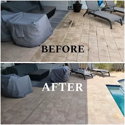 Pool deck paver surface after sanding and sealing in Boca Raton, FL