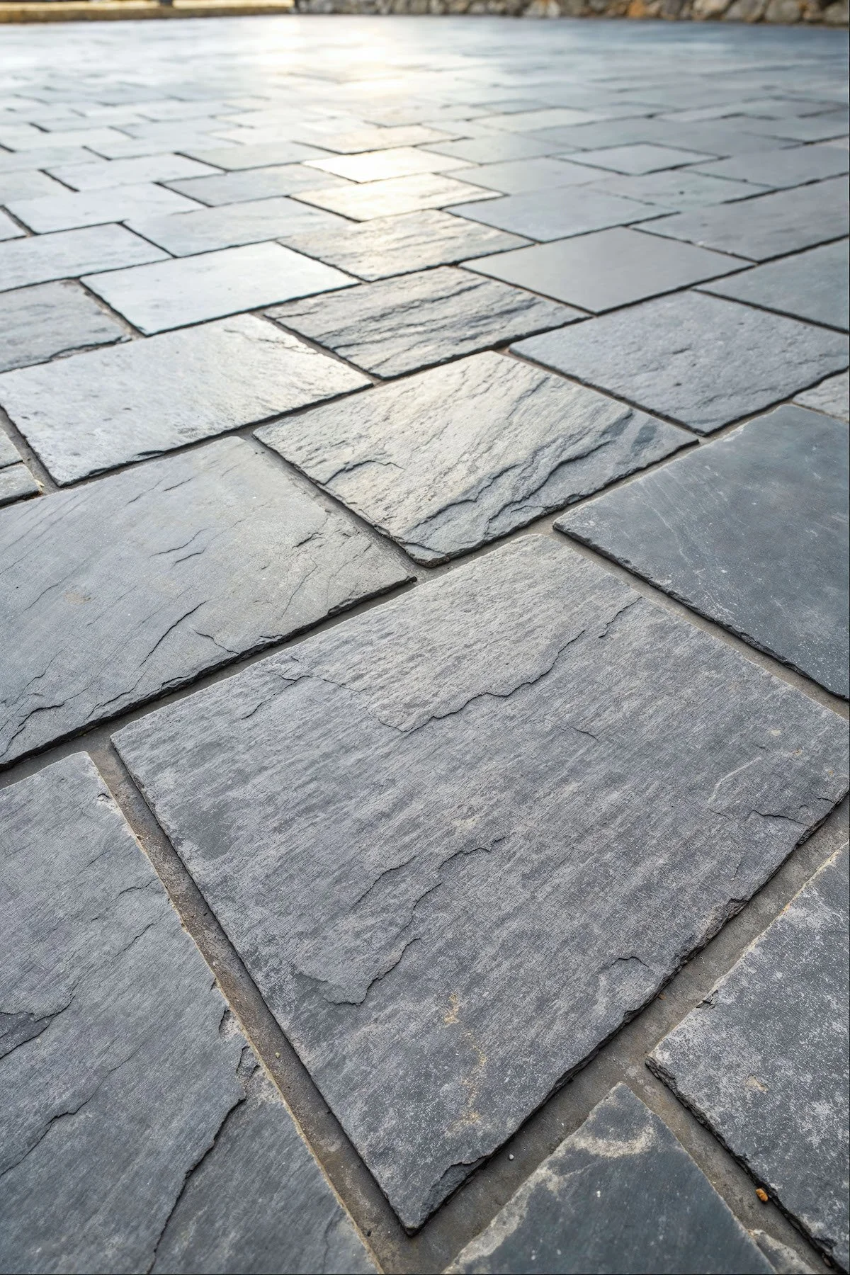 Close-up view of a stone-paved pathway with rectangular gray and black stones laid in a pattern, reflecting sunlight.