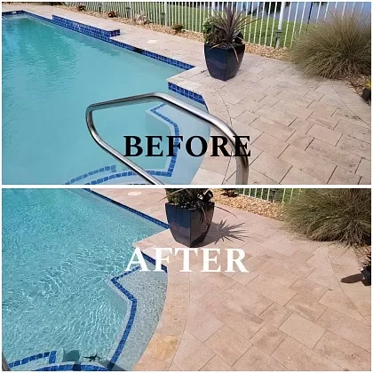 Before and after pool deck paver restoration in Boca Raton, FL