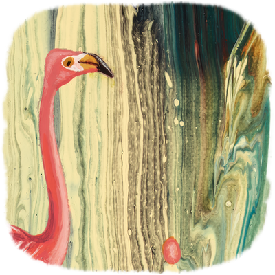 Two flamingos discover a strange land with where large pink eggs are growing huge floppy flowers