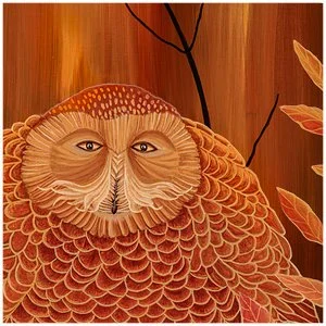 A fiery, wise old owl perched on an old stick , surrounded by red and yellow leaves and a burst of flames behind him.