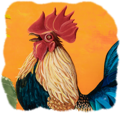A rooster crowing at the break of dawn, a bright orange sky, with a blue butterfly, a red dragonfly, and a huge sunflower beside him.