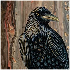 A raven sitting on a branch of a tree in a decaying forest that has started on fire .