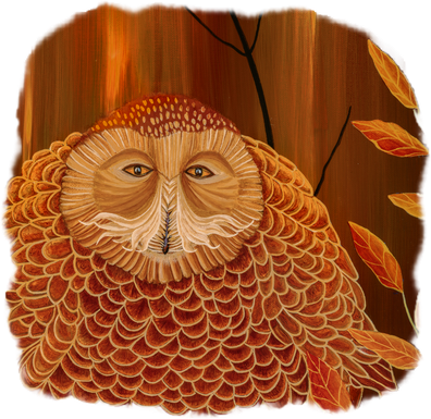 A fiery, wise old owl perched on an old stick , surrounded by red and yellow leaves and a burst of flames behind him.