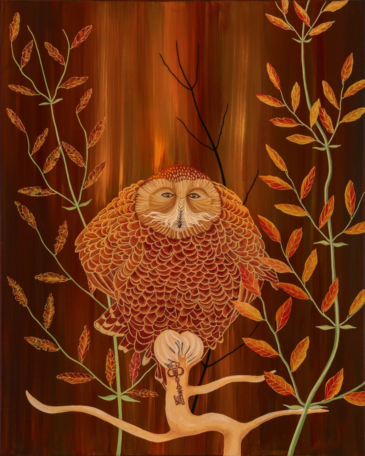 A fiery, wise old owl perched on an old stick , surrounded by red and yellow leaves and a burst of flames behind him.