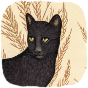 A black cat sitting on a ledge with a ball of purple yarn that he has taken for his amusement.