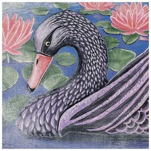 A sense of serenity prevails as a black swan glides among pink lily pads floating in a pond. A white mist surrounds her.