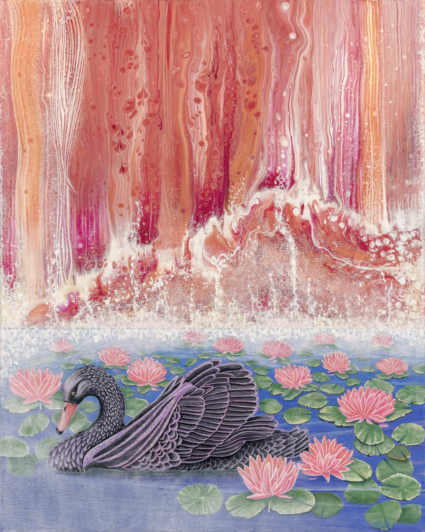 A sense of serenity prevails as a black swan glides among pink lily pads floating in a pond. A white mist surrounds her.