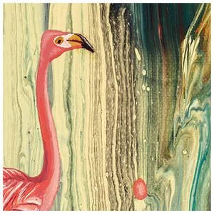 Two flamingos discover a strange land with where large pink eggs are growing huge floppy flowers