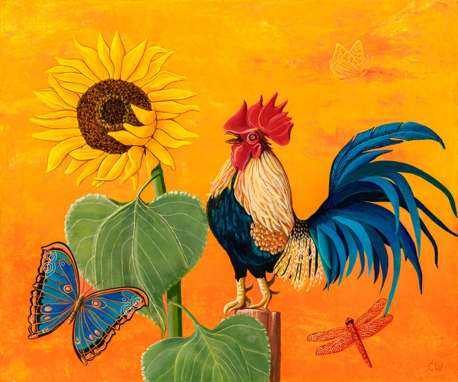 A rooster crowing at the break of dawn, a bright orange sky, with a blue butterfly, a red dragonfly, and a huge sunflower beside him.