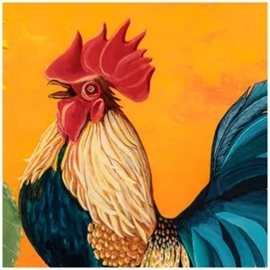 A rooster crowing at the break of dawn, a bright orange sky, with a blue butterfly, a red dragonfly, and a huge sunflower beside him.