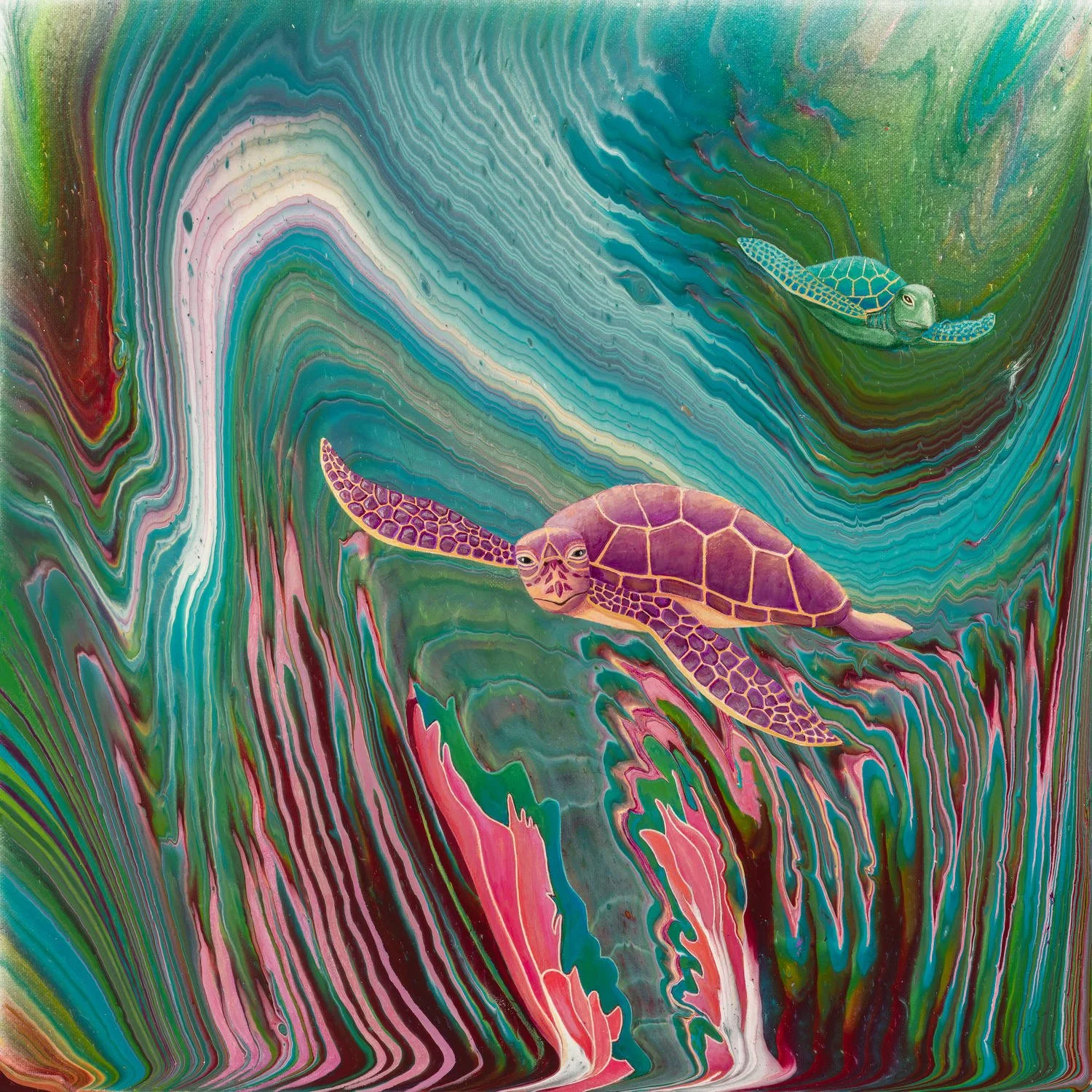 A purple turtle with a blue turtle behind it, exploring the depths of the sea. Ripples of waves and plant life surround them.