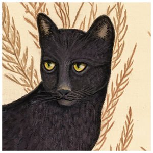 A black cat sitting on a ledge with a ball of purple yarn that he has taken for his amusement.