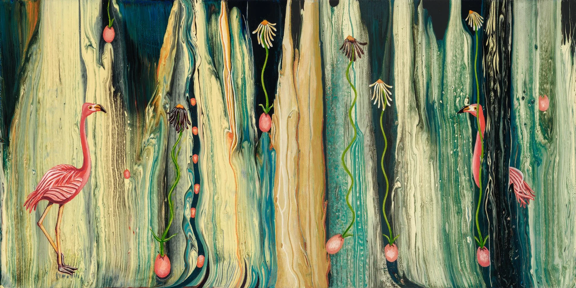 Two flamingos discover a strange land with where large pink eggs are growing huge floppy flowers