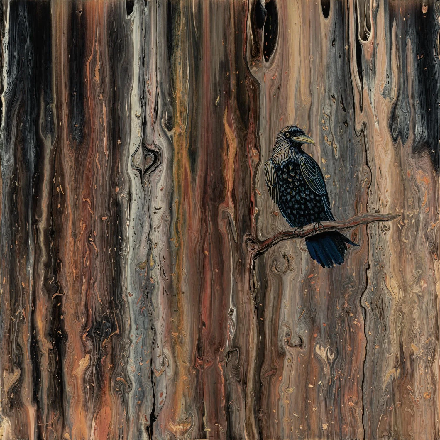 A raven sitting on a branch of a tree in a decaying forest that has started on fire .