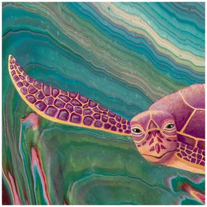 A purple turtle with a blue turtle behind it, exploring the depths of the sea. Ripples of waves and plant life surround them.