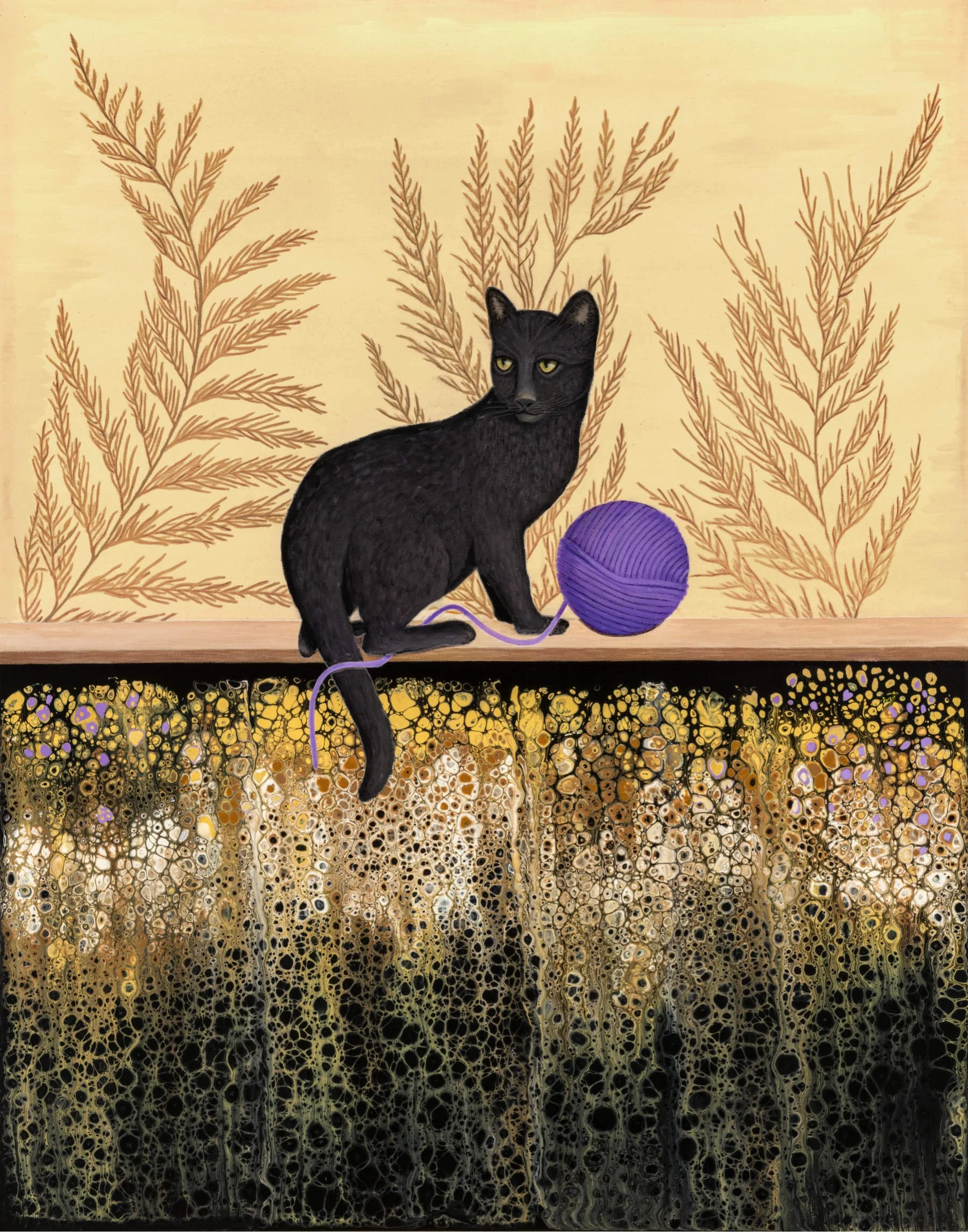 A black cat sitting on a ledge with a ball of purple yarn that he has taken for his amusement.