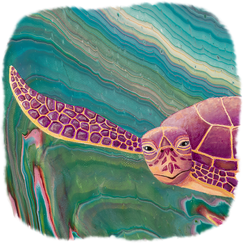 A purple turtle with a blue turtle behind it, exploring the depths of the sea. Ripples of waves and plant life surround them.
