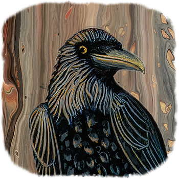 A raven sitting on a branch of a tree in a decaying forest that has started on fire .