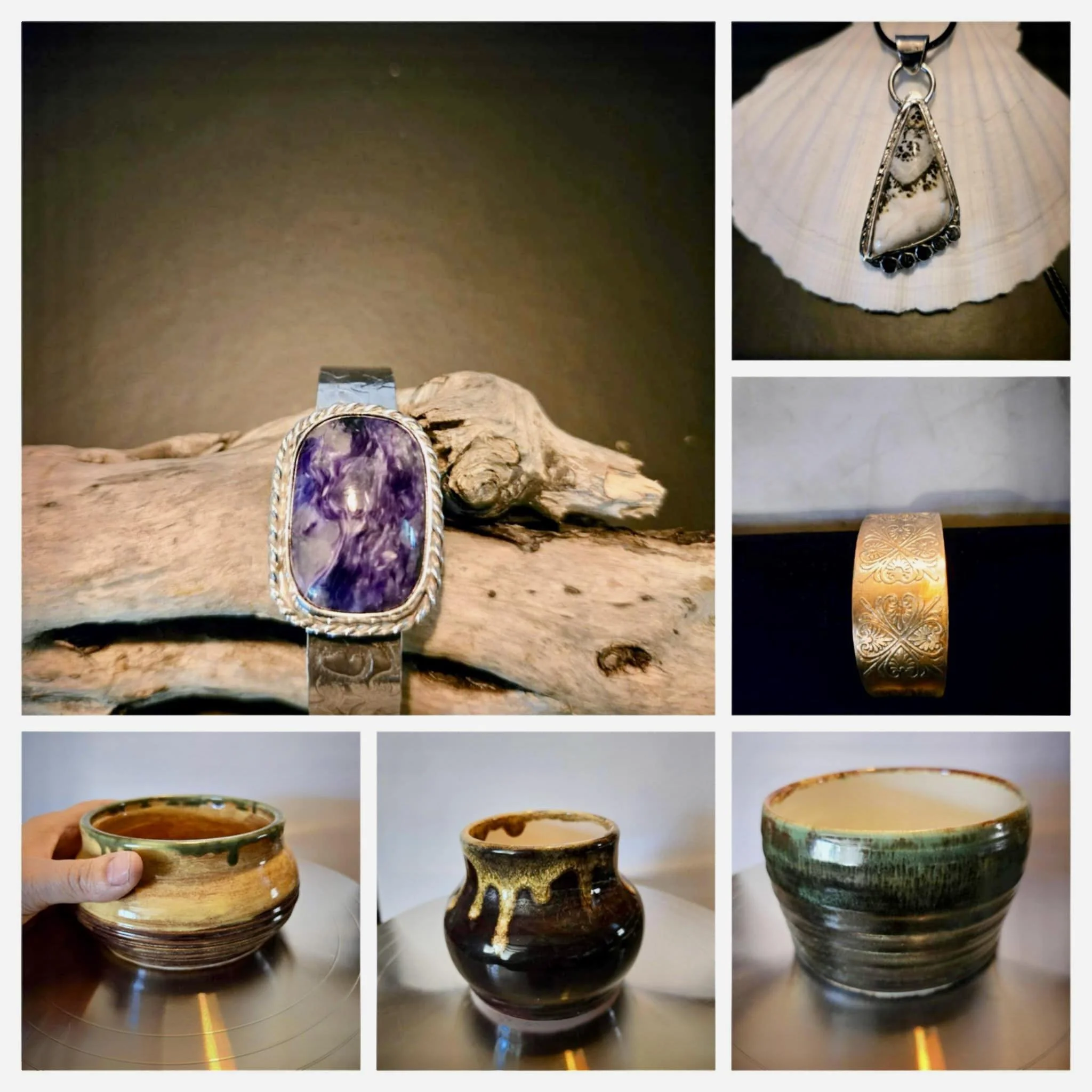 Collection of jewelry and pottery pieces, including a silver ring with a purple gemstone, a pendant with a shell, a wide engraved metal cuff bracelet, and three ceramic bowls with various glazes.