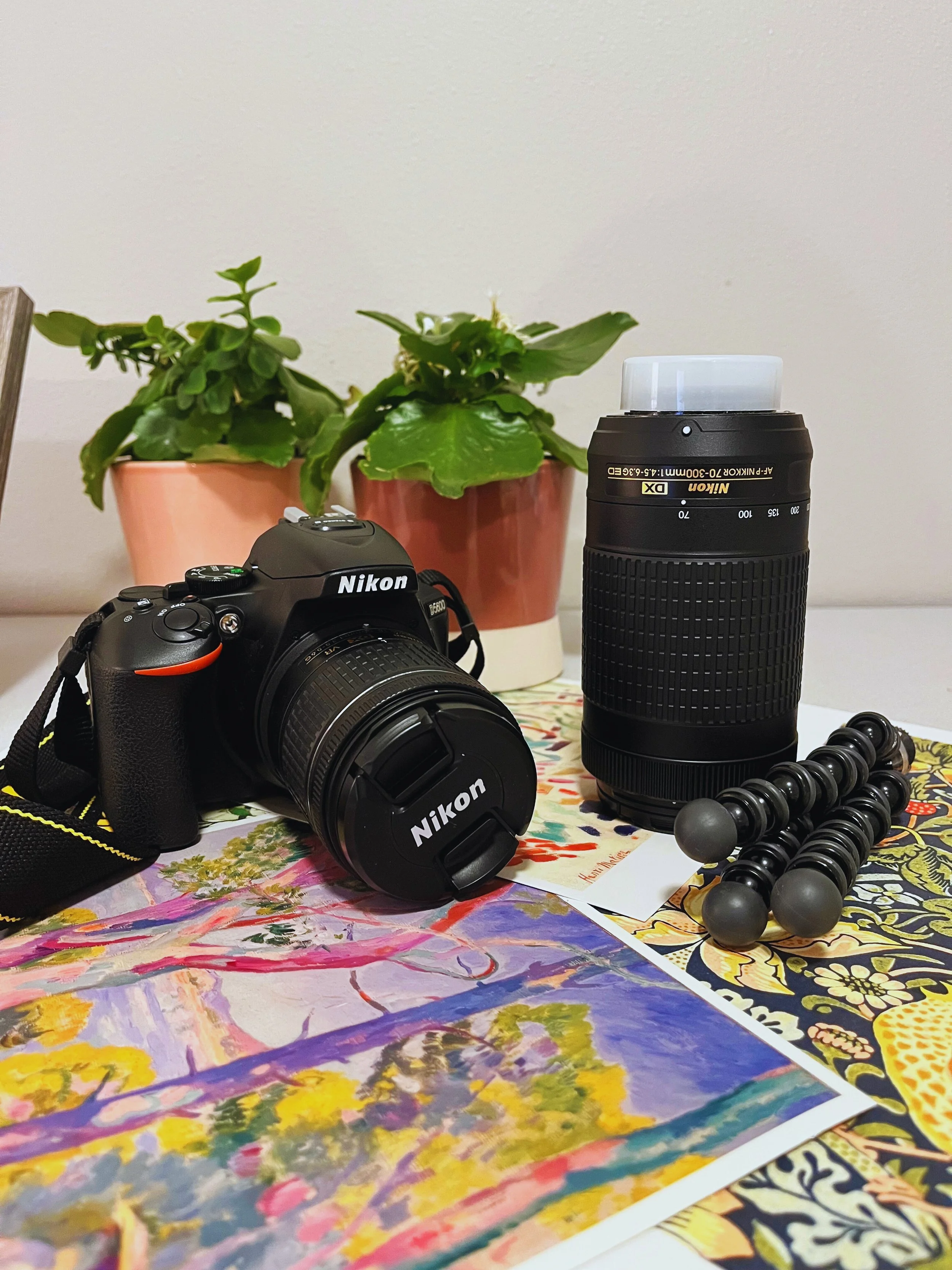 Image of a camera, lens, tripod, and art prints on a table to represent personal projects.