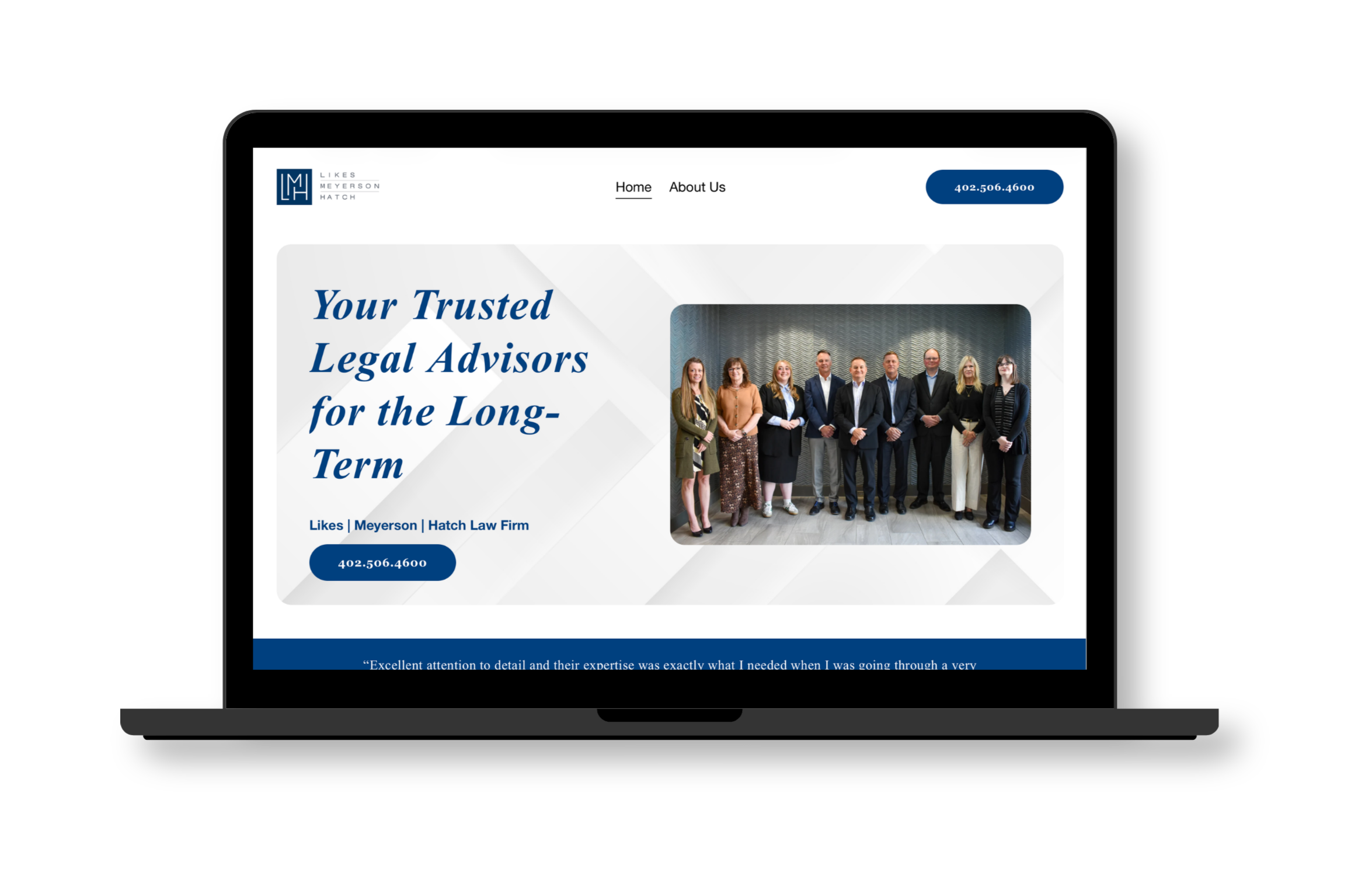 Screenshot of a law firm's website homepage showing a group of ten lawyers standing together for a photo, the firm name Likes Meyerson Hatch Law Firm, a phone number, and navigation links for Home and About Us.