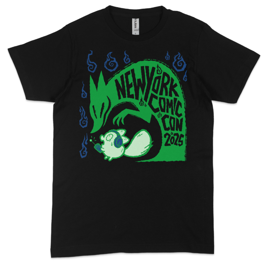 Black T-shirt with green and blue graphic design for New York Comic Con 2015, featuring a stylized character with headphones and a gadget.