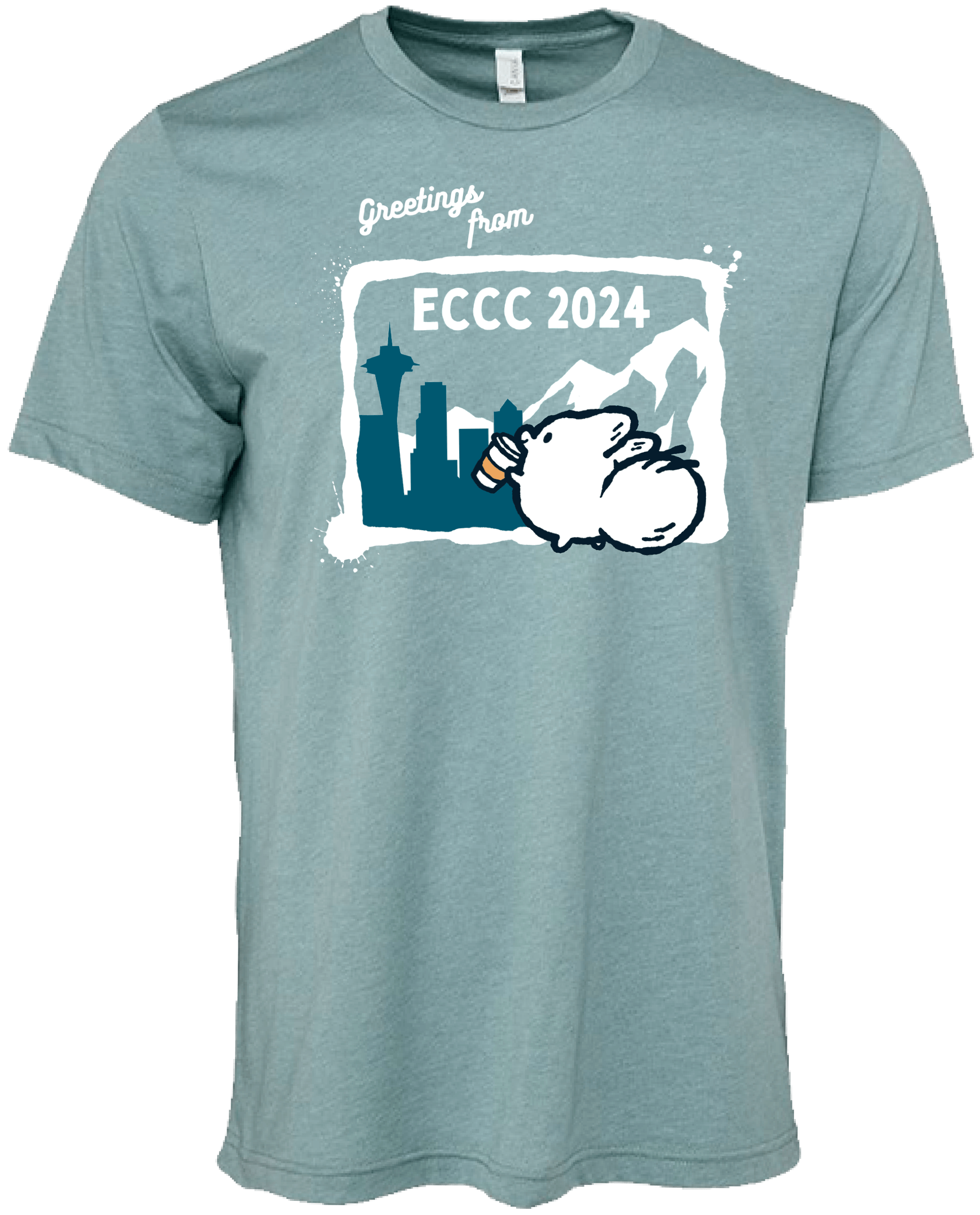 Light blue T-shirt with graphic design including Seattle skyline, mountains, a hamster with a coffee mug, and text 'Greetings from ECCC 2024'.