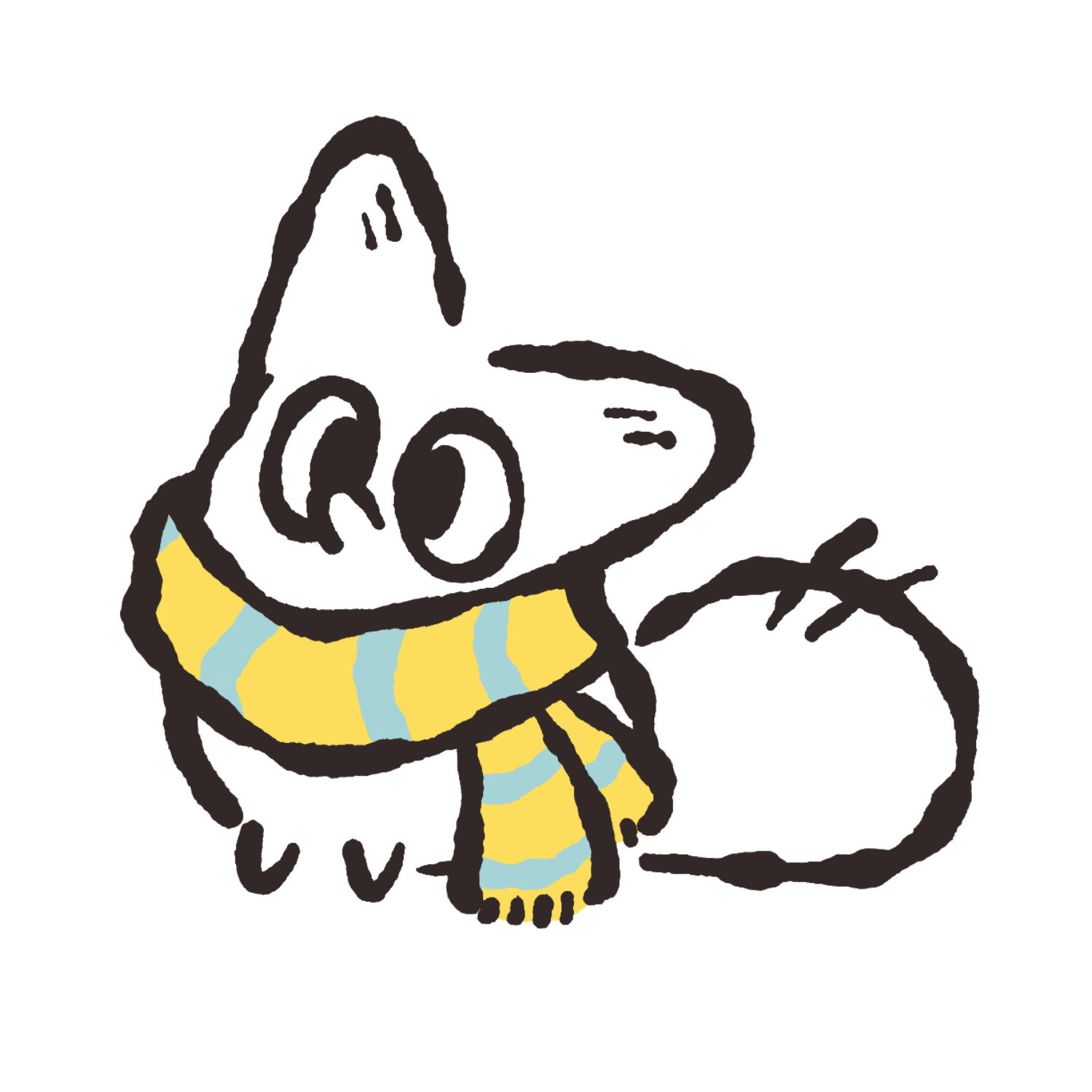 Cute cartoon dog wearing a yellow and blue striped scarf.