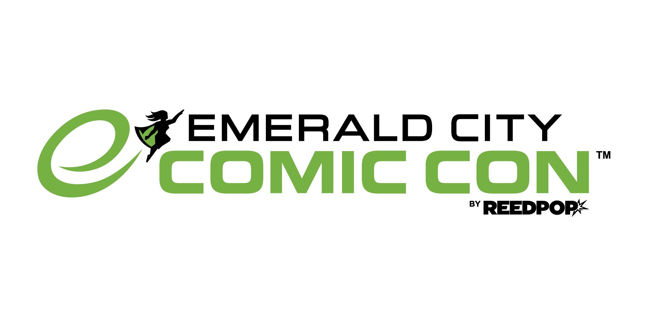 E Comic Con logo with a stylized green letter E and a small leaf on the top left of the letter, followed by the words 'Comic Con' in bold green text.