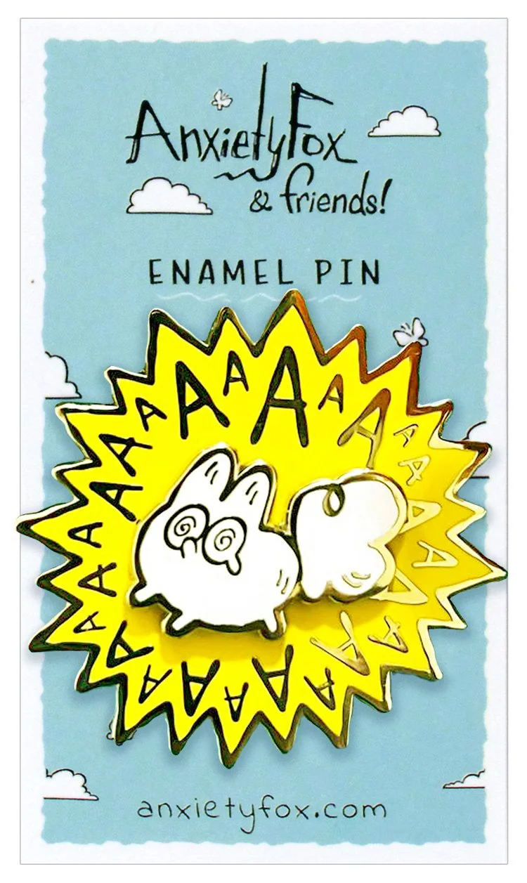 Enamel pin featuring Anxiety Fox, with a yellow explosive burst background with 'A' repeatedly around it.