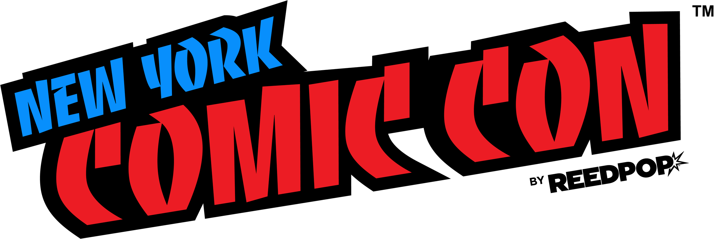 Logo of the New York Comic Con with bold blue and red text on a black background.