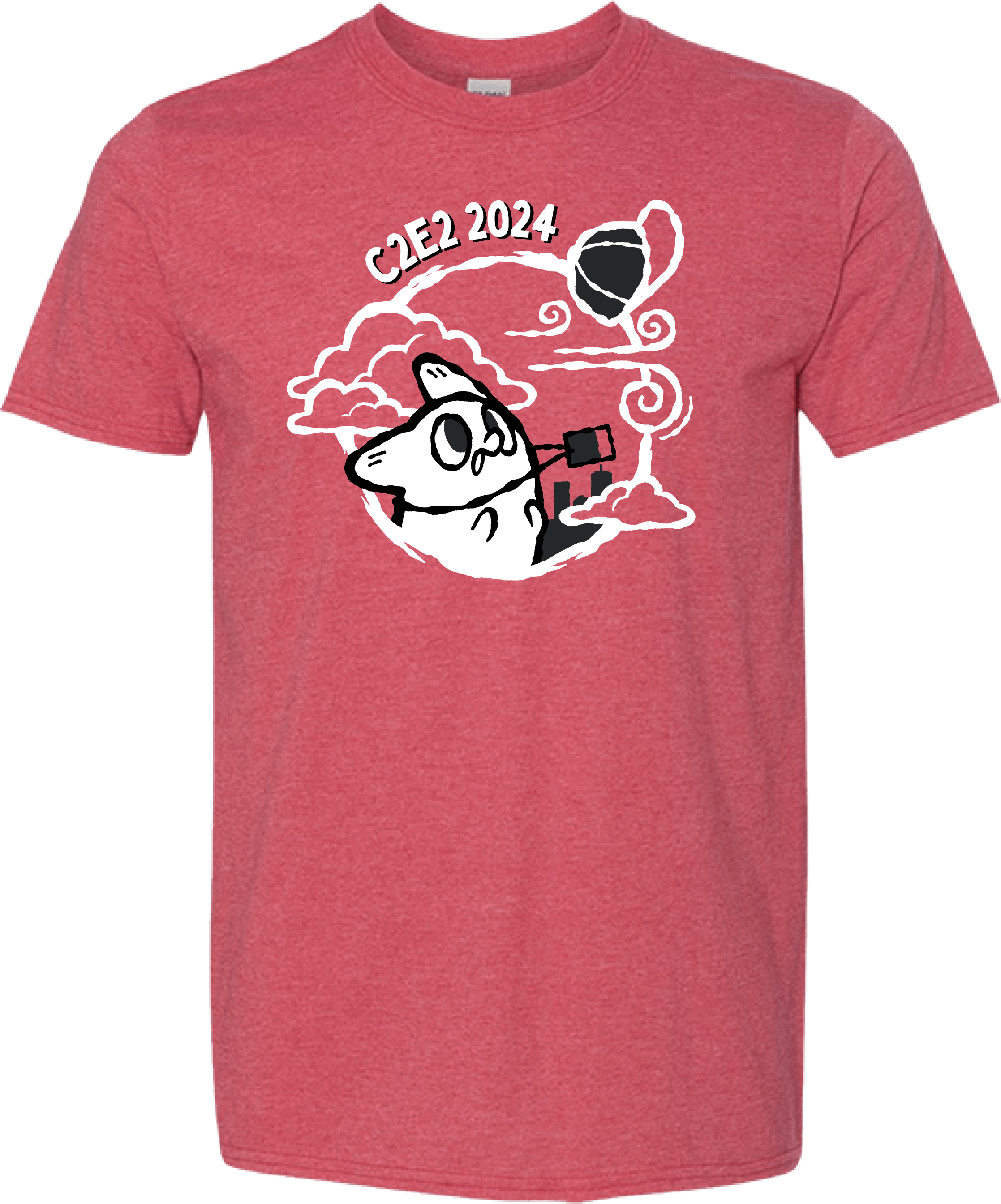 Red T-shirt with graphic design for C2E2 2024, featuring a cartoon cat with large eyes, clouds, a balloon, and cityscape elements.