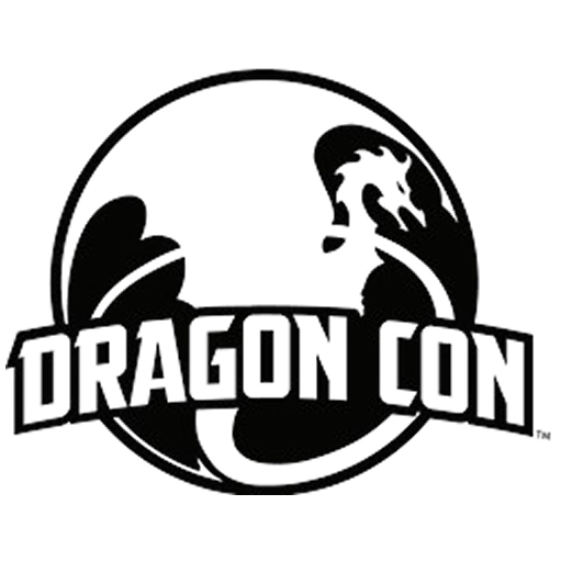 Black and white logo for Dragon Con with a dragon inside a circular border.