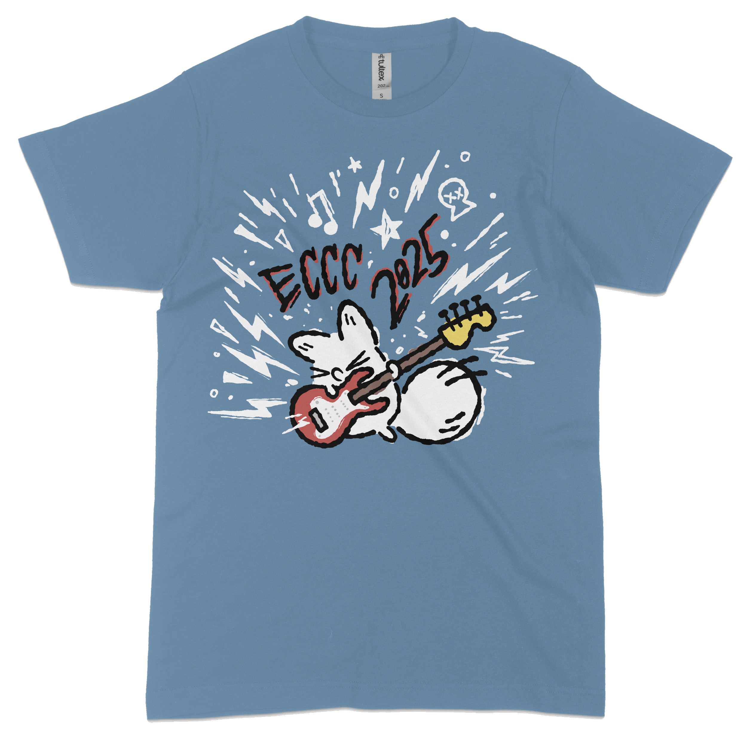 A blue T-shirt featuring a cartoon white cat playing a red guitar with yellow accents, surrounded by white lightning bolts and musical notes. Text on the shirt reads "ECCC 2025" and is stylized.