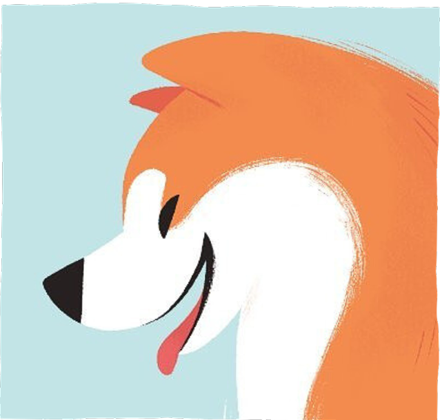 Cartoon illustration of a happy Anxiety Fox with orange fur, white face, and black nose, smiling against a light blue background.