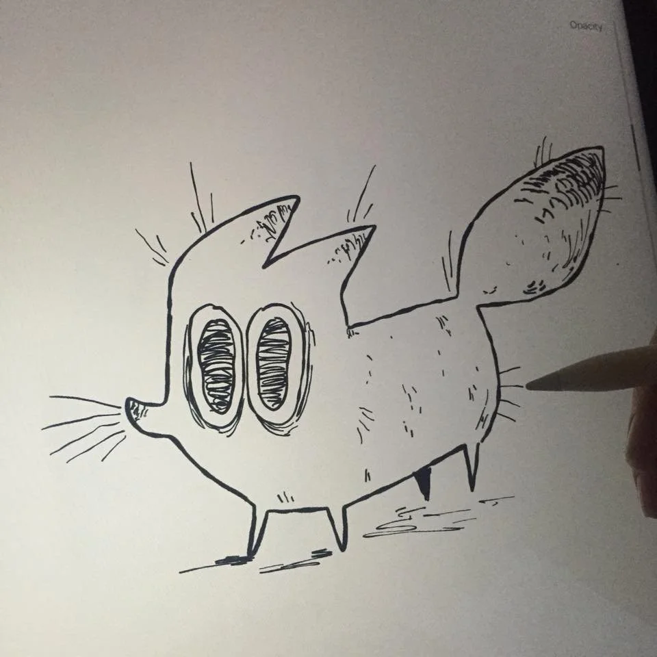 A hand-drawn cartoon Anxiety Fox with two vertical oval eyes, a rounded body with tiny legs, and a large tail. Anxiety Fox has several lines indicating anxiety and emotion.